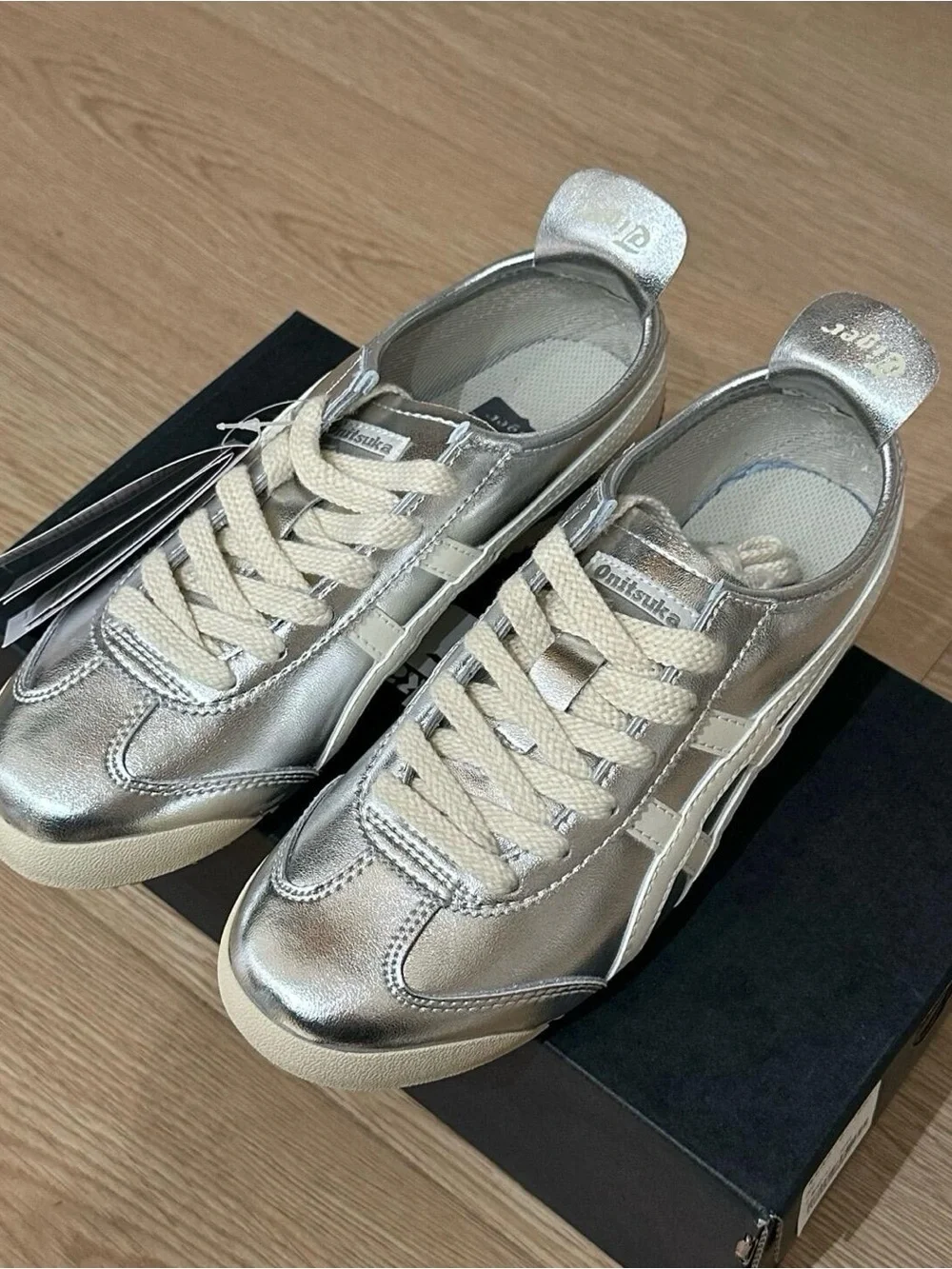 Onitsuka Tiger by Asics Metallic Silver Low-Top Sneakers with Cream Accents